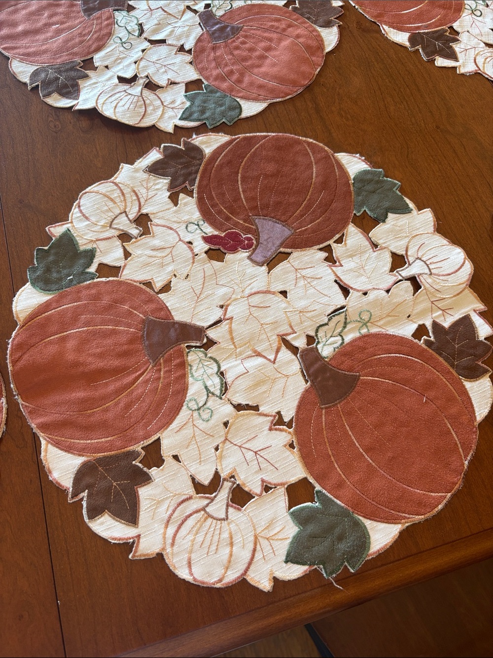 6 Round Placemats-Autumn Pumpkin Cutwork Placemat Set - Orange & Cream